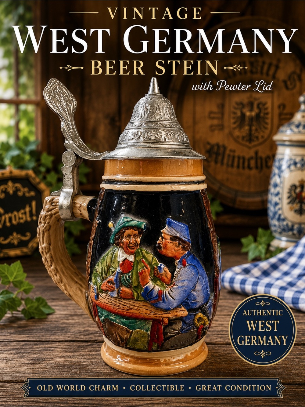 Vintage West Germany Beer Stein Tavern Scene Pewter Lid Mug